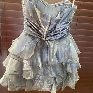 Silver/gray strapless dress with crystals on the top and layered tulle skirt.